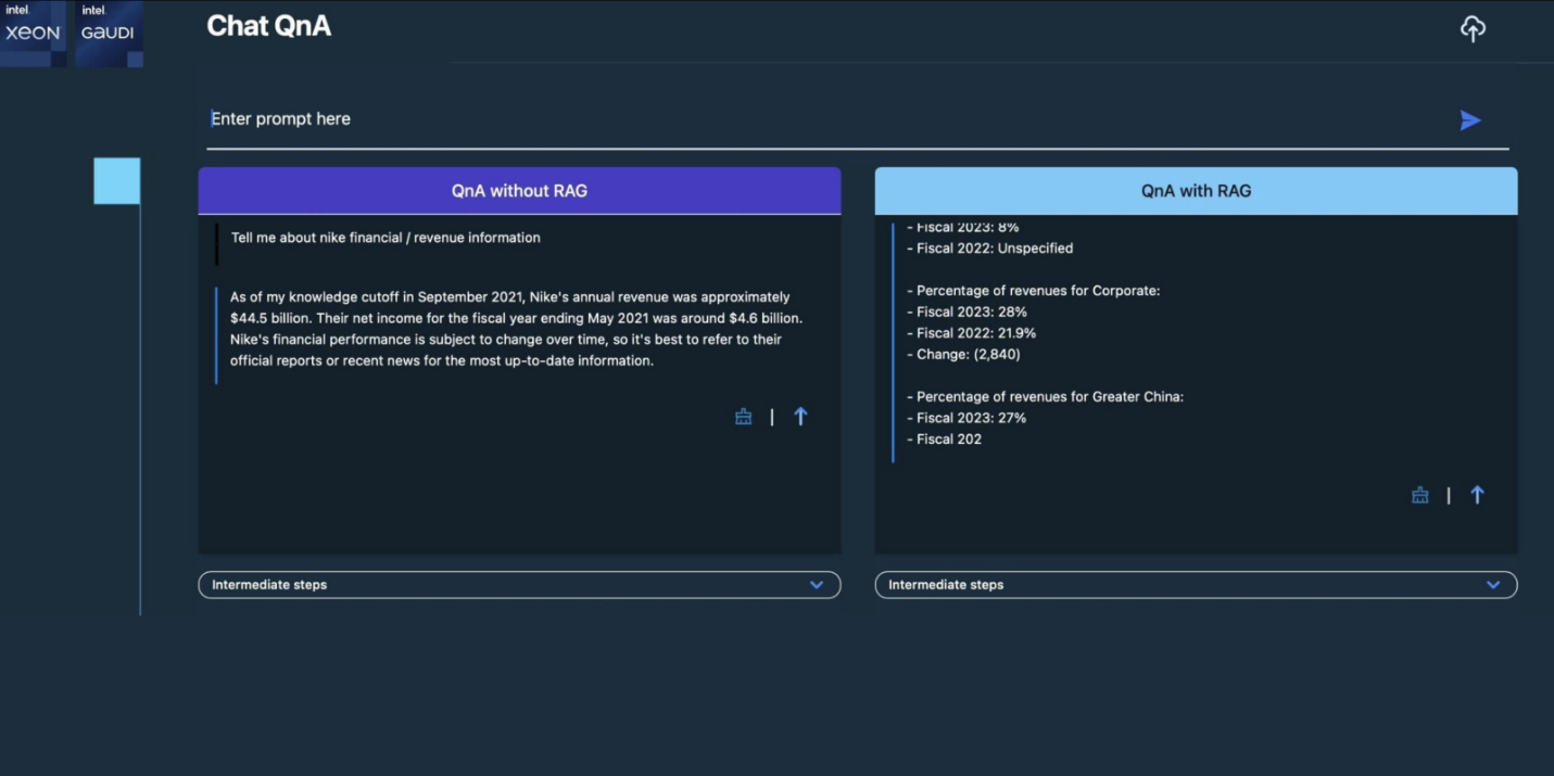 Xeon + Gaudi2 LLM RAG flow for Chat QnA – demo screen